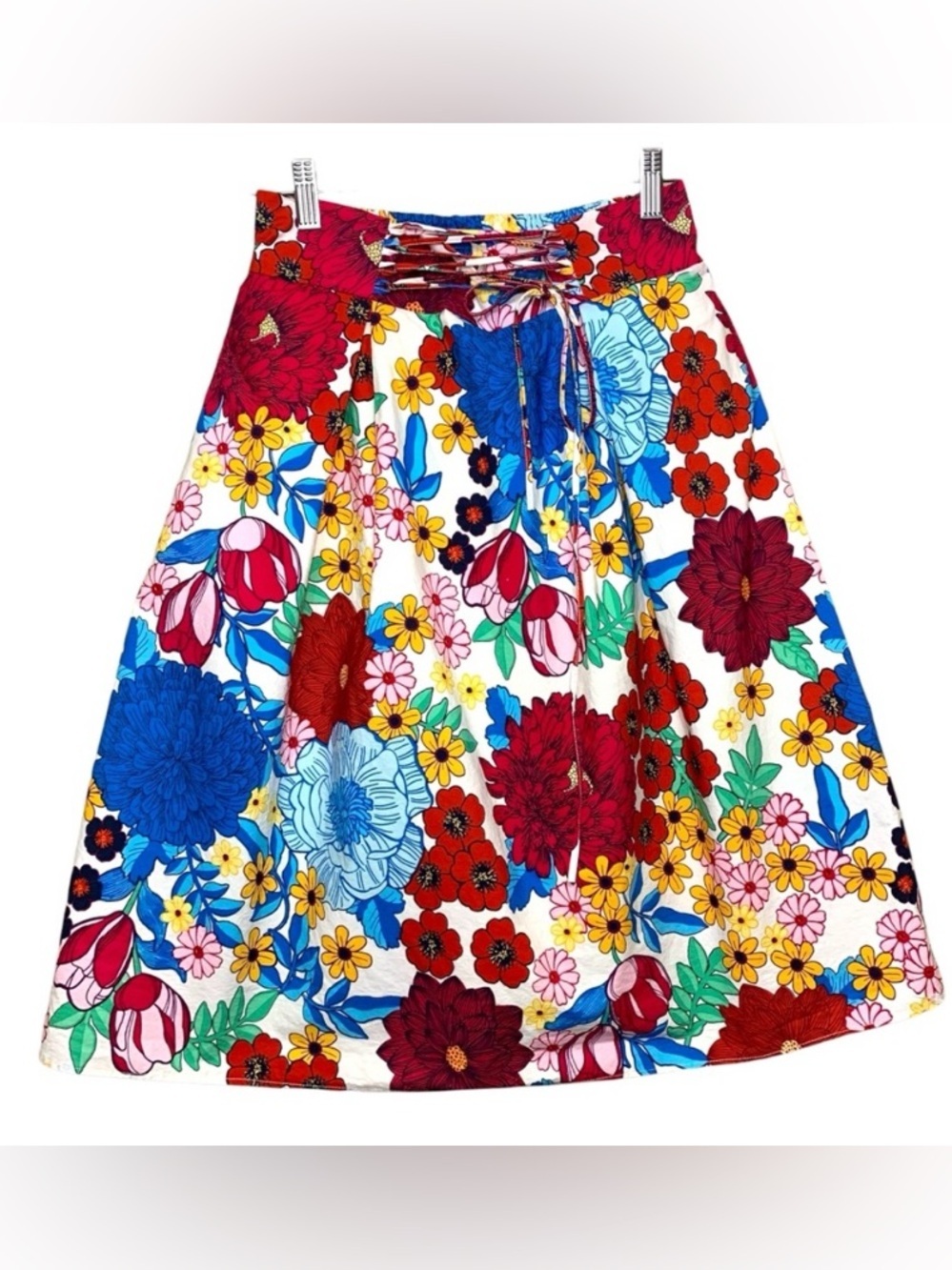 Rose & Olive Vibrant Multi-Color Floral Pleated A-Line Skirt S Feminine Pocket
